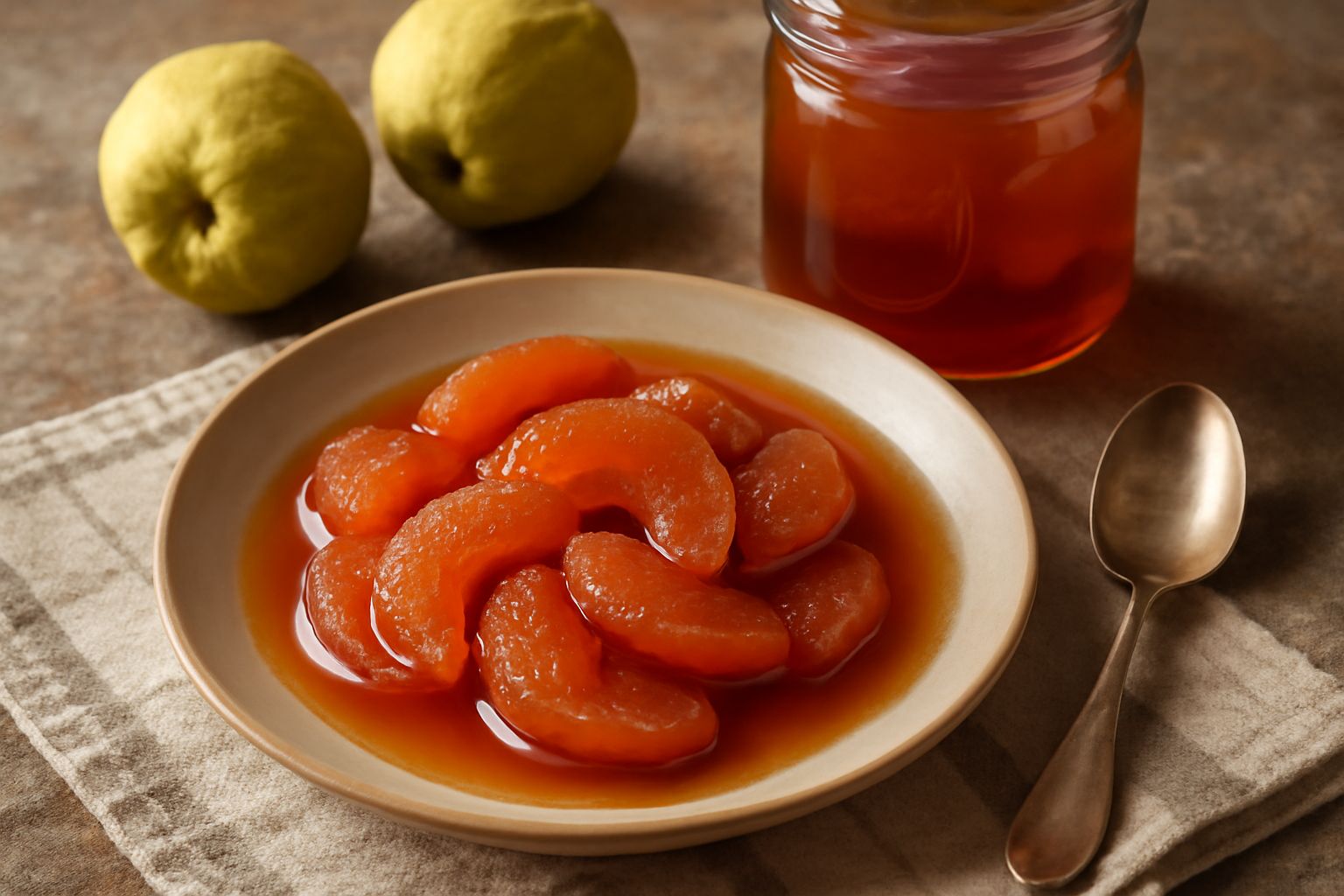 Barattoli di vetro con marmellata di mele cotogne color ambra scuro, luminosi al sole, disposti su una superficie di legno chiaro con una mela cotogna intera accanto e un cucchiaio di legno immerso ne