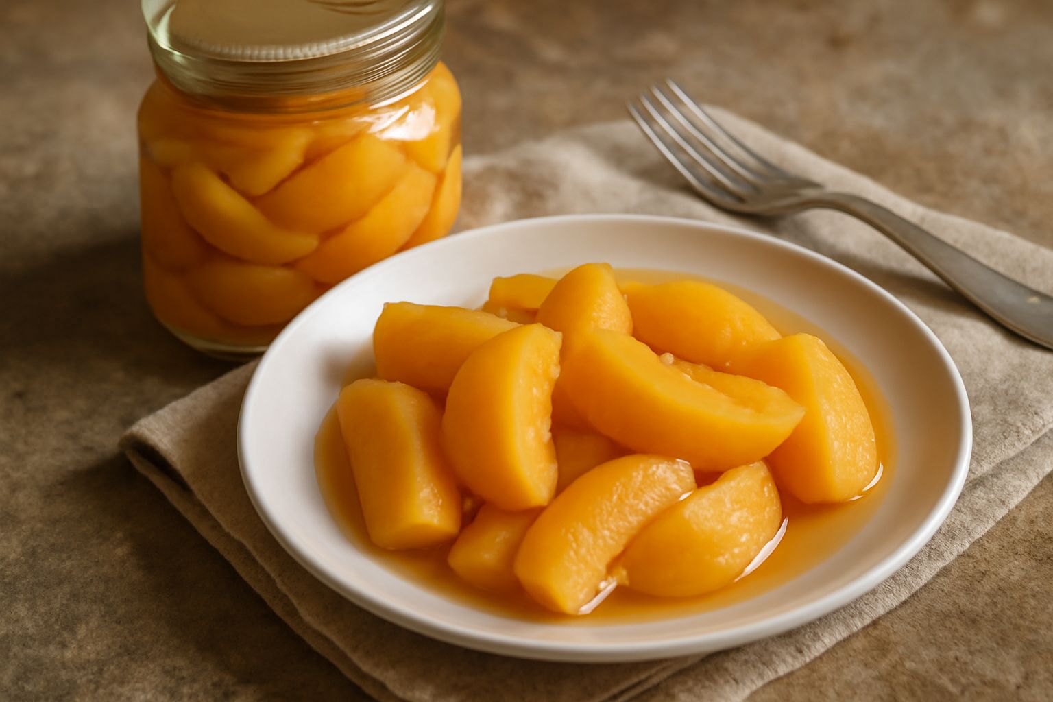 Barattoli di vetro trasparente pieni di mele cotogne arancio-dorate immerse in sciroppo trasparente, con stecca di cannella e fettine di limone, su sfondo di mele cotogne fresche gialle e profumate.