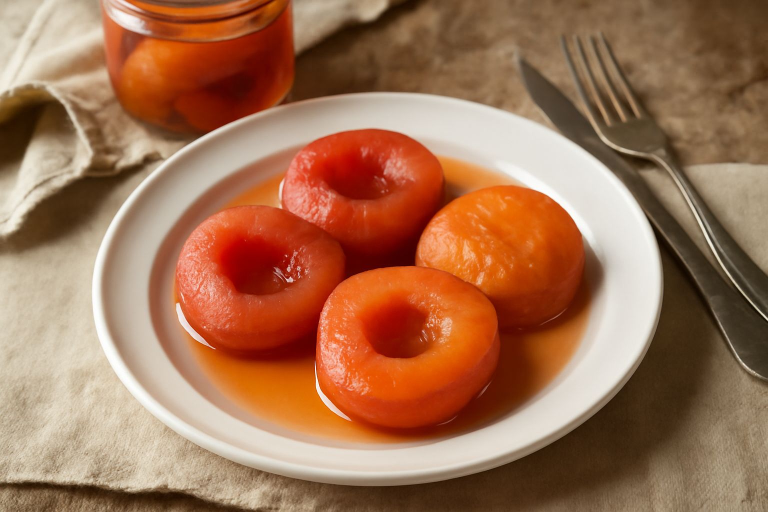 Mele cotogne sciroppate in barattolo di vetro, frutta rosso-arancione traslucida immersa in sciroppo denso e dorato, due metà di mela visibili in superficie con gambo, su tavolo in legno naturale