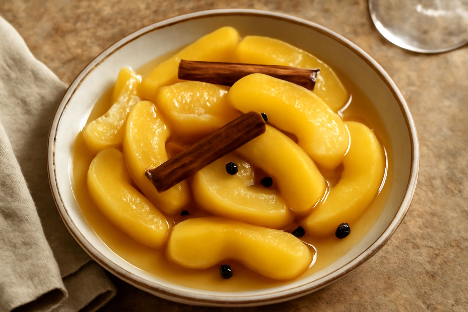 Vasetto di vetro con mele cotogne sottaceto: pezzi translucidi giallastri immerse in liquido trasparente con stecca di cannella e chiodi di garofano visibili, sfondo bianco