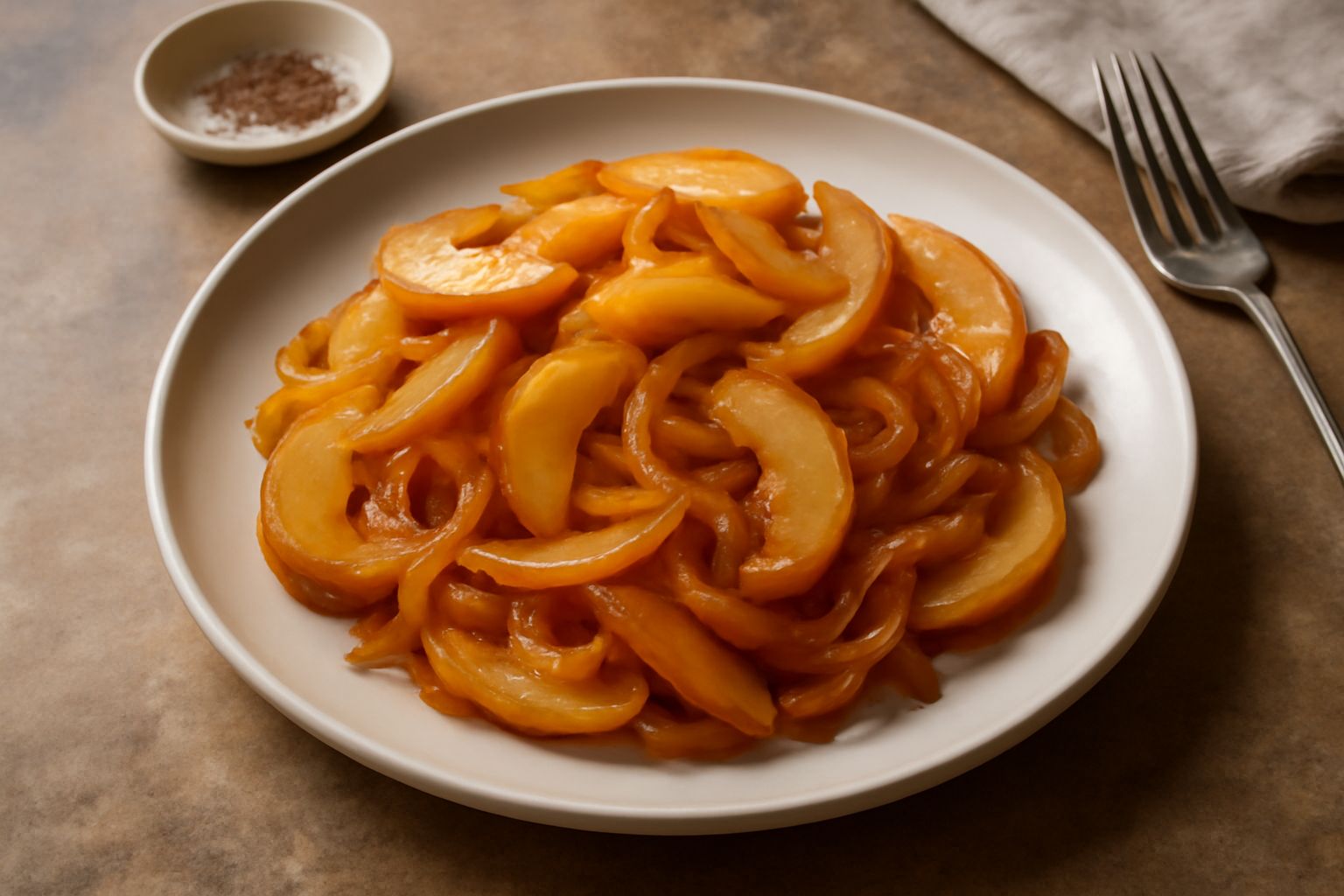 Mele tagliate a fette sottili e cipolle dorate rosolate insieme in una padella antiaderente, con colori che vanno dal giallo oro al marrone chiaro, una guarnizione di prezzemolo fresco sui bordi