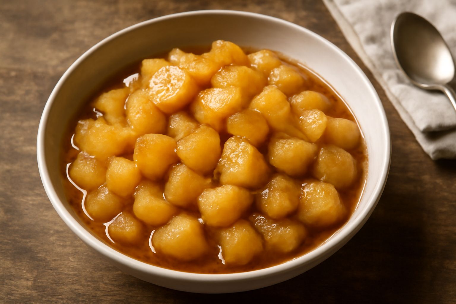 Mele in umido in ciotola bianca, pezzi di mela dorata e traslucida in salsa leggera, cannella spolverata in superficie, cucchiaio di legno appoggiato sul bordo