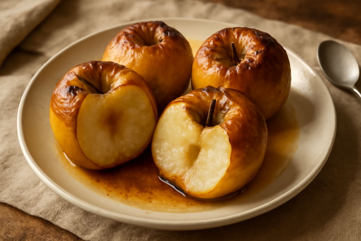 Quattro metà di mele renette dorate al forno in una pirofila di ceramica bianca, ripiene di mandorle tritate e uvetta, con cannella visibile sulla superficie