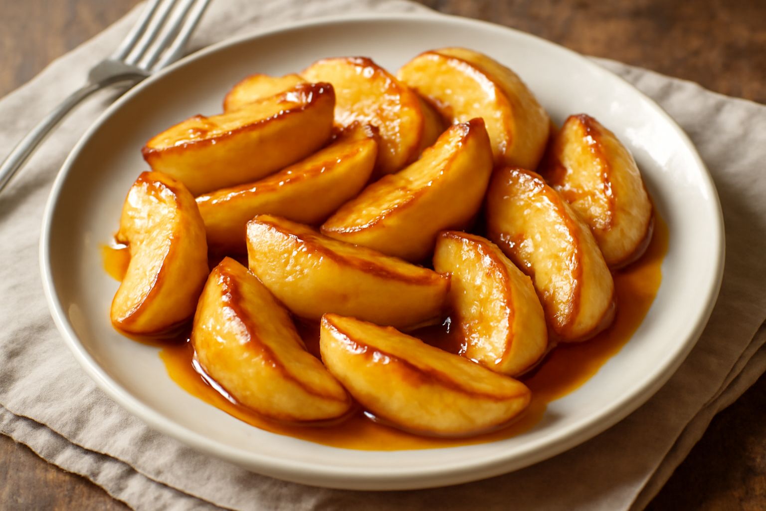 Mele renette caramellate tagliate a spicchi, dorate e lucide di caramello, disposte in un piatto bianco con un filo di miele e una spolverata di cannella