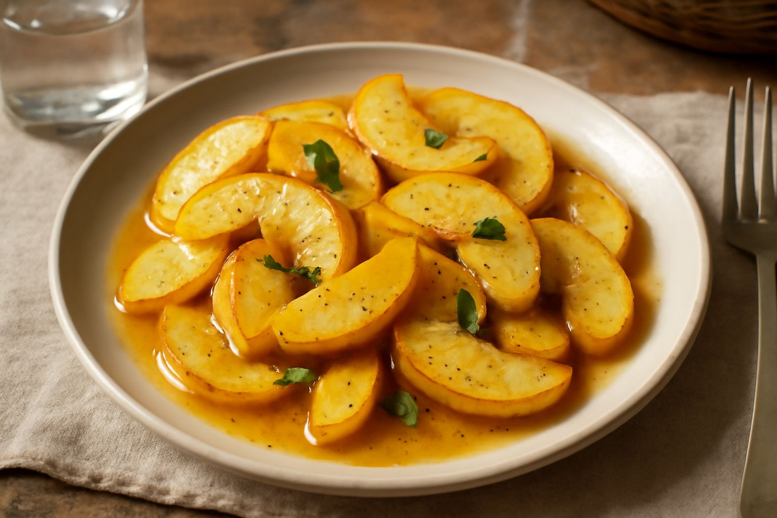 Mele renette tagliate a fette dorate in un piatto bianco, leggermente caramellate ai bordi, coperte di una salsa trasparente agrodolce con riflessi lucidi, accompagnate da prezzemolo fresco e qualche 