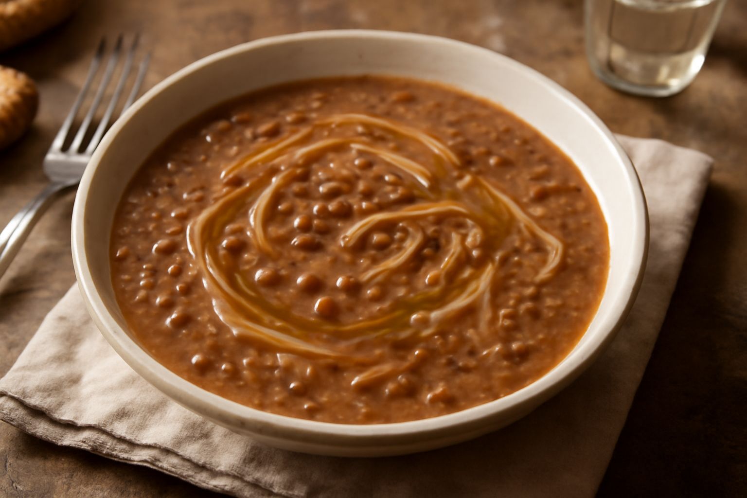 Ciotola di meleca con pasta e lenticchie marrone scuro in brodo leggero, guarnita da prezzemolo fresco e un filo di olio d'oliva, servita in piatto bianco