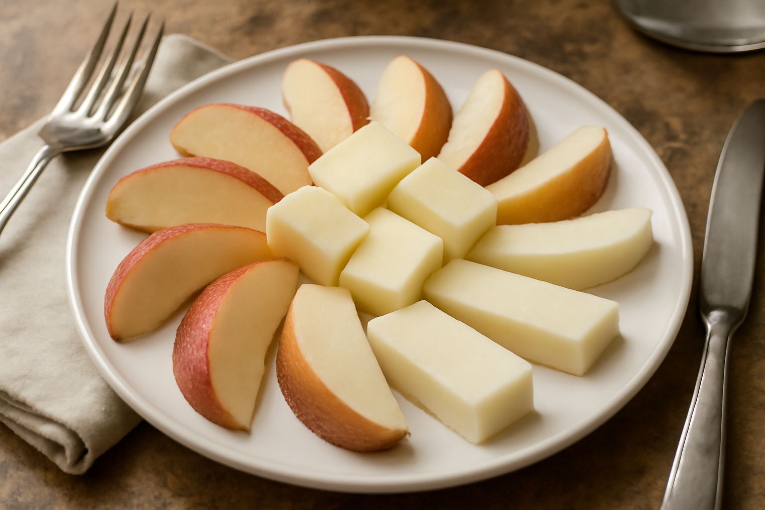 Fette di mela rossa e gialla disposte attorno a cubetti di formaggio tipo parmigiano e caciotta, su piatto bianco con foglie di menta fresca e noci sparse