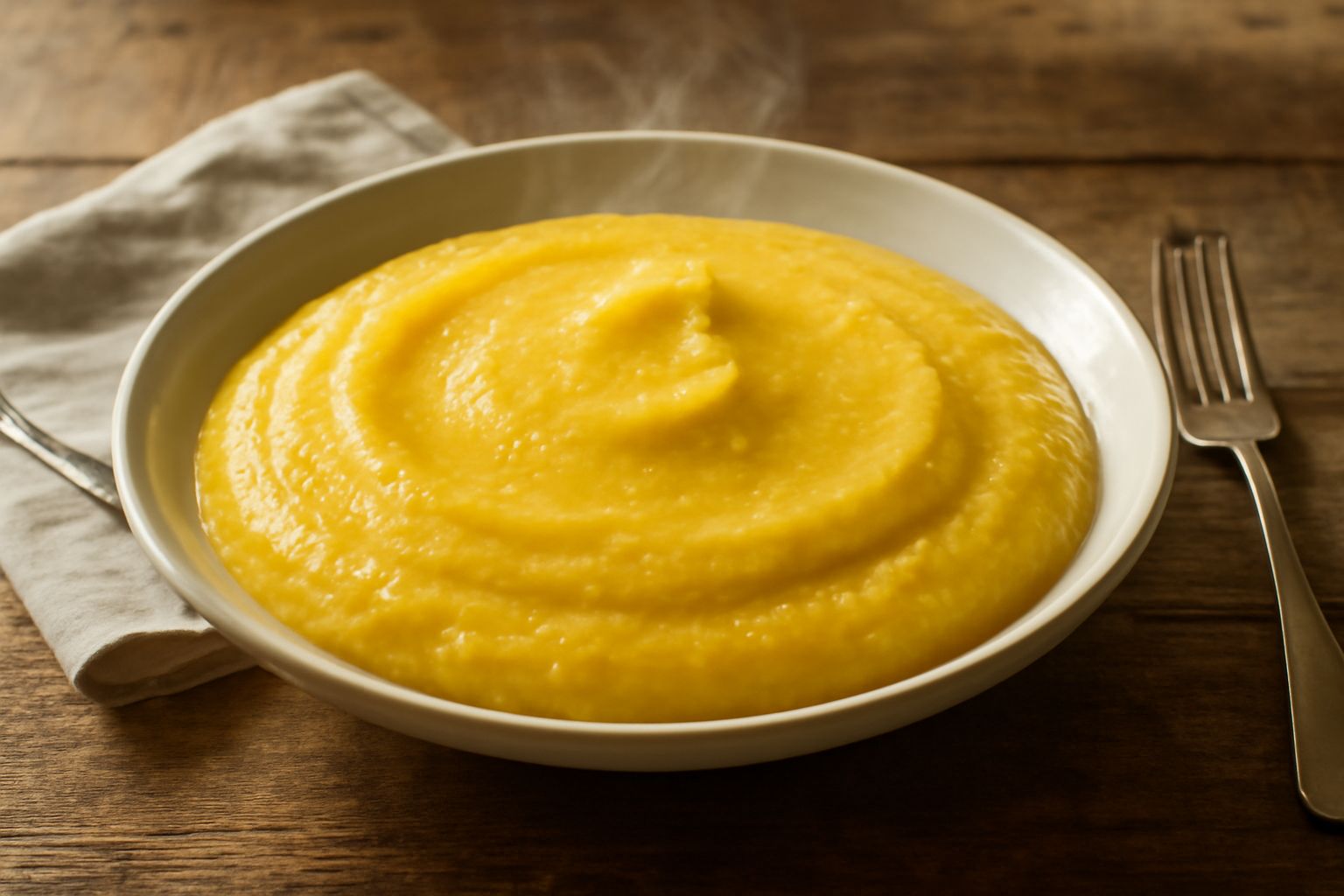 Polenta cremosa di colore giallo dorato in ciotola di ceramica bianca, condita con burro dorato e formaggio grattugiato, bordi fumanti, cucchiaio di legno dentro
