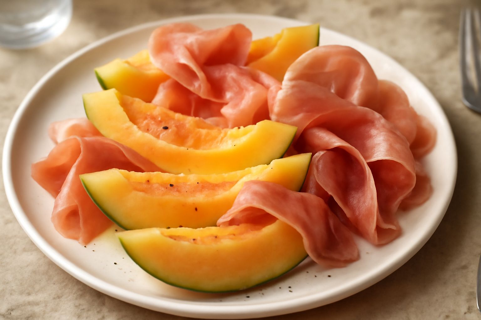 Fette di melone giallo con strisce rosa delicate, avvolte o affiancate da sottili fette di prosciutto rosa, su un piatto bianco con gocce di rugiada ancora visibili sulla buccia del melone