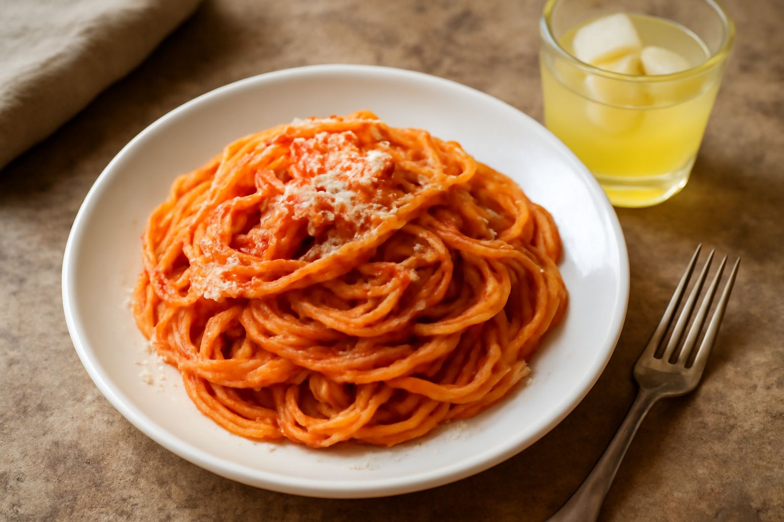 Bicchiere di meloncello giallo dorato con cubetti di ghiaccio su fondo bianco, accanto a una fetta di melone maturo con semi visibili e gocce di condensa