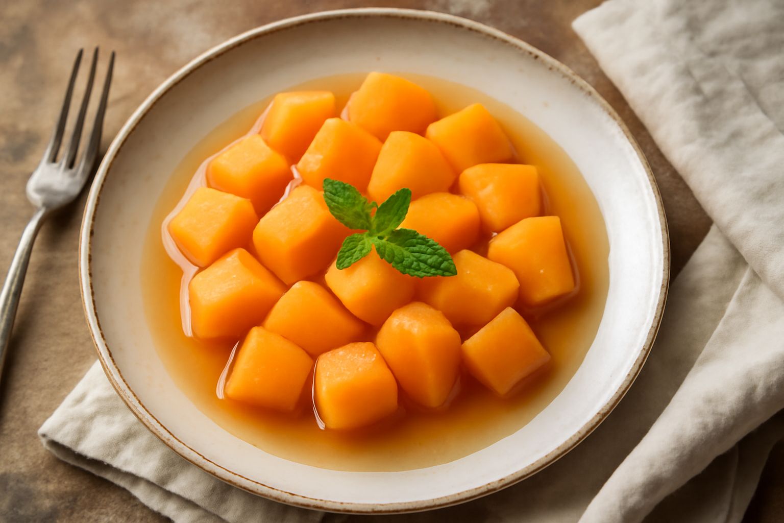 Bottiglia di vetro con liquore trasparente color ambra contenente fettine di melone, posta su una superficie di legno con melone fresco tagliato accanto e vista del sole al tramonto