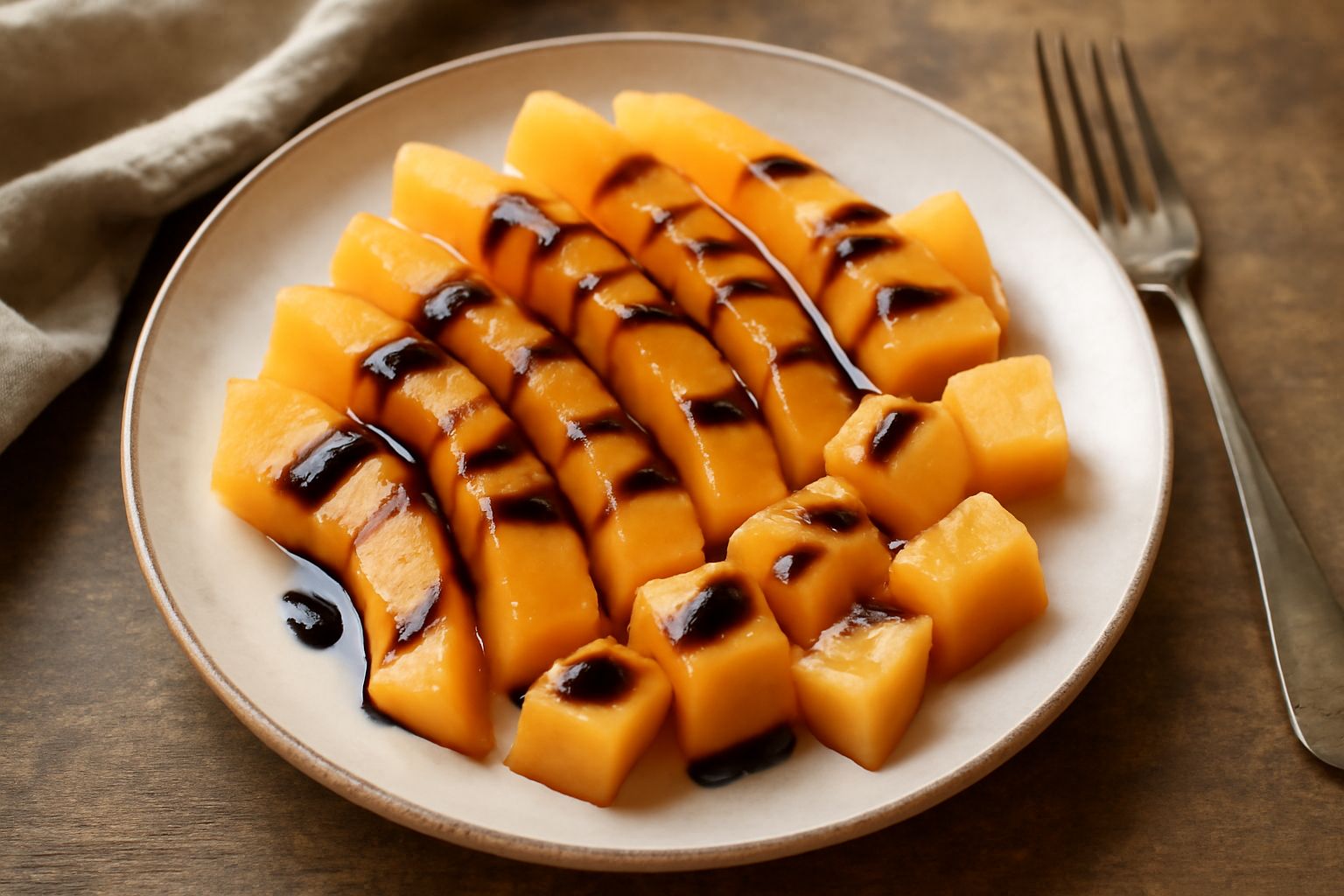 Fette di melone color giallo-arancio arrangiate su piatto bianco, condite con gocce di aceto balsamico scuro, guarnite con foglie di menta fresca e scaglie di parmigiano, sfondo neutro