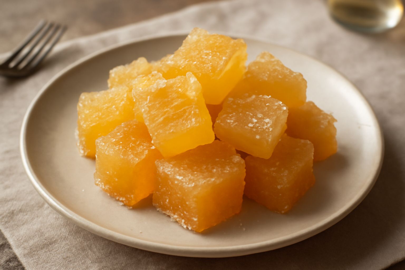 Fette di melone candito trasparenti e leggermente ambrate, tagliate a quadrotti, disposte su un piattino bianco con zucchero cristallizzato sui bordi