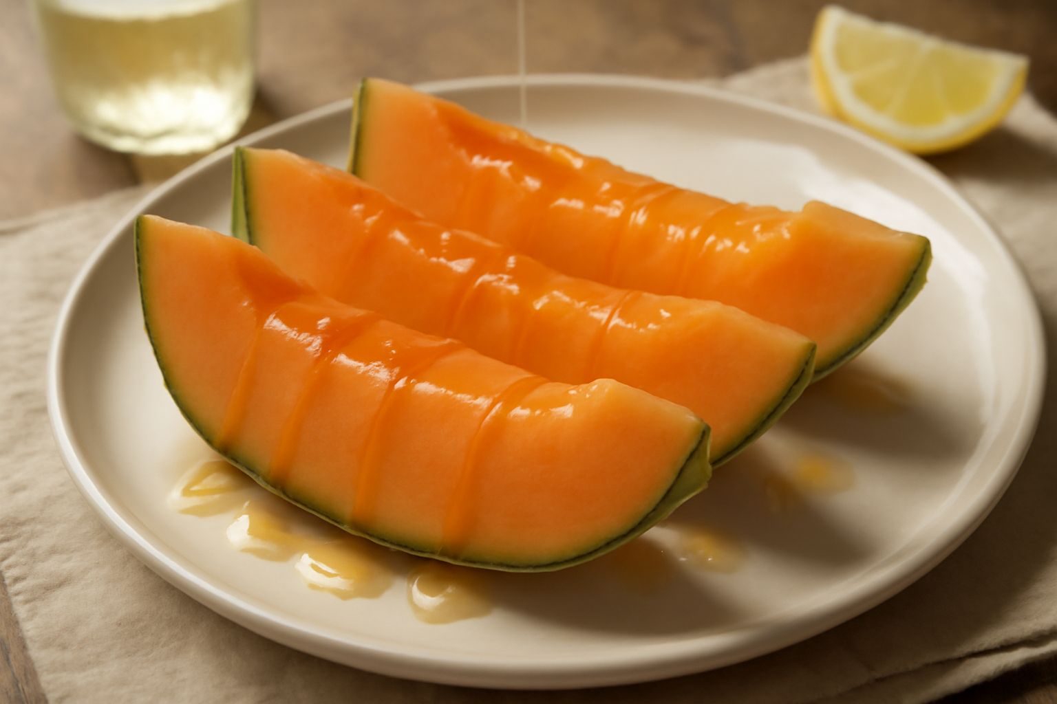 Fette di melone color arancio con reticolo chiaro, disposte a ventaglio in un piatto bianco, cosparse di fili di miele d'oro e gocce di succo di limone fresco