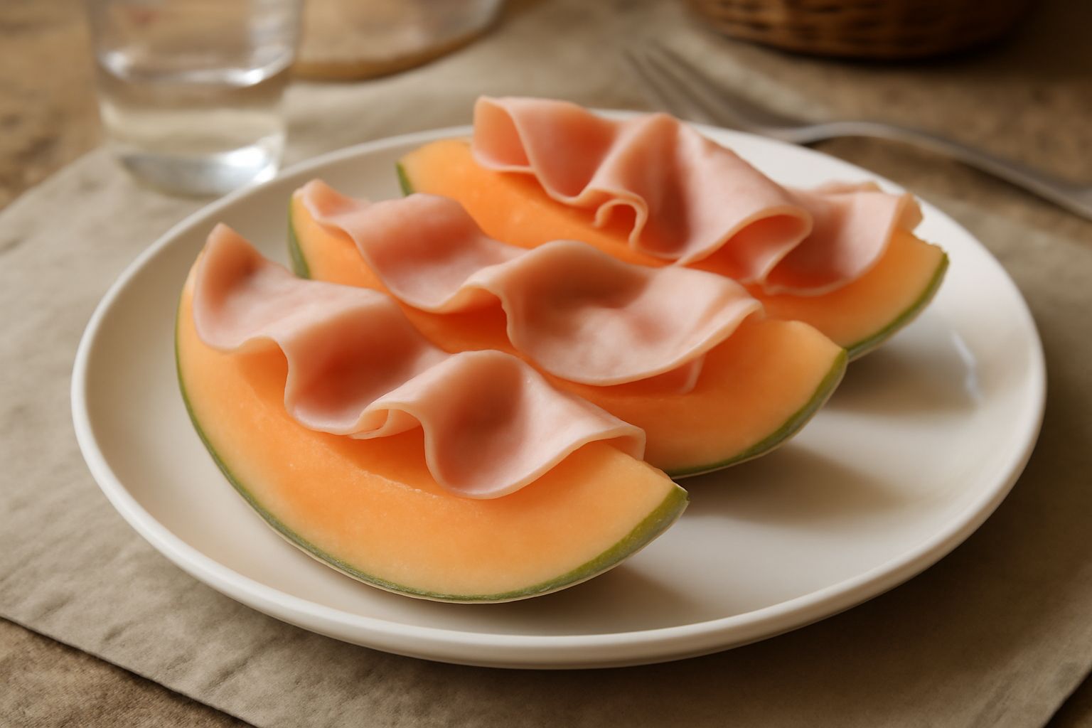 Piatto bianco con fette di melone giallo cremisi alternate a sottili strisce di mortadella rosa, guarnite con basilico fresco e pepe nero macinato al momento
