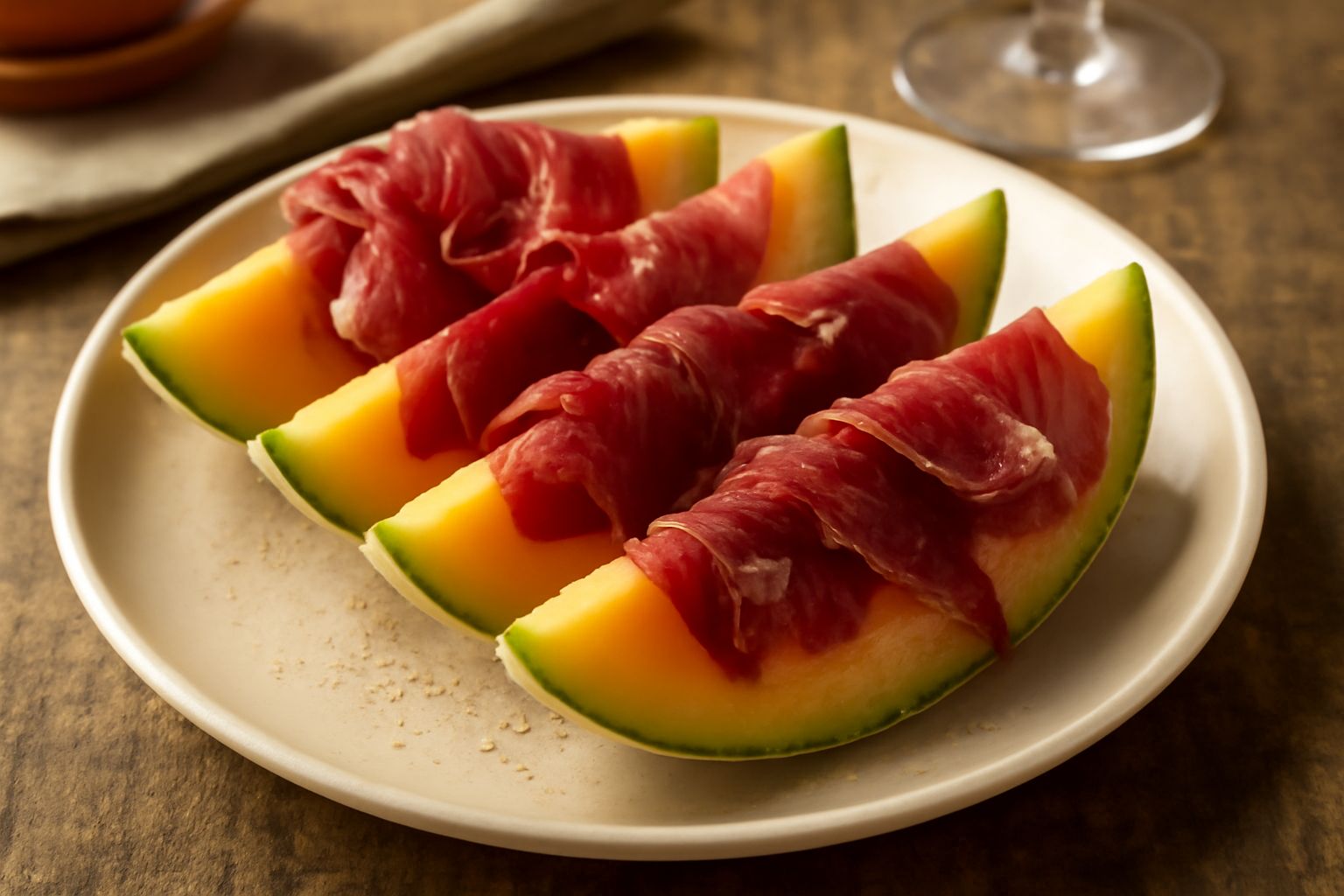 Melone giallo tagliato a spicchi con bordo verdastro, disposto su piatto bianco con strisce sottili di prosciutto di cinghiale rosso scuro, guarnito con foglia di menta fresca e pimento nero macinato