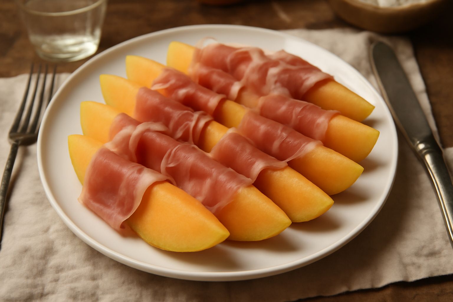 Fette di melone arancione e giallo disposte a raggiera su un piatto bianco, alternate con sottili fette di speck rosa scuro, fresco e croccante, con qualche fogliolina di menta verde accanto