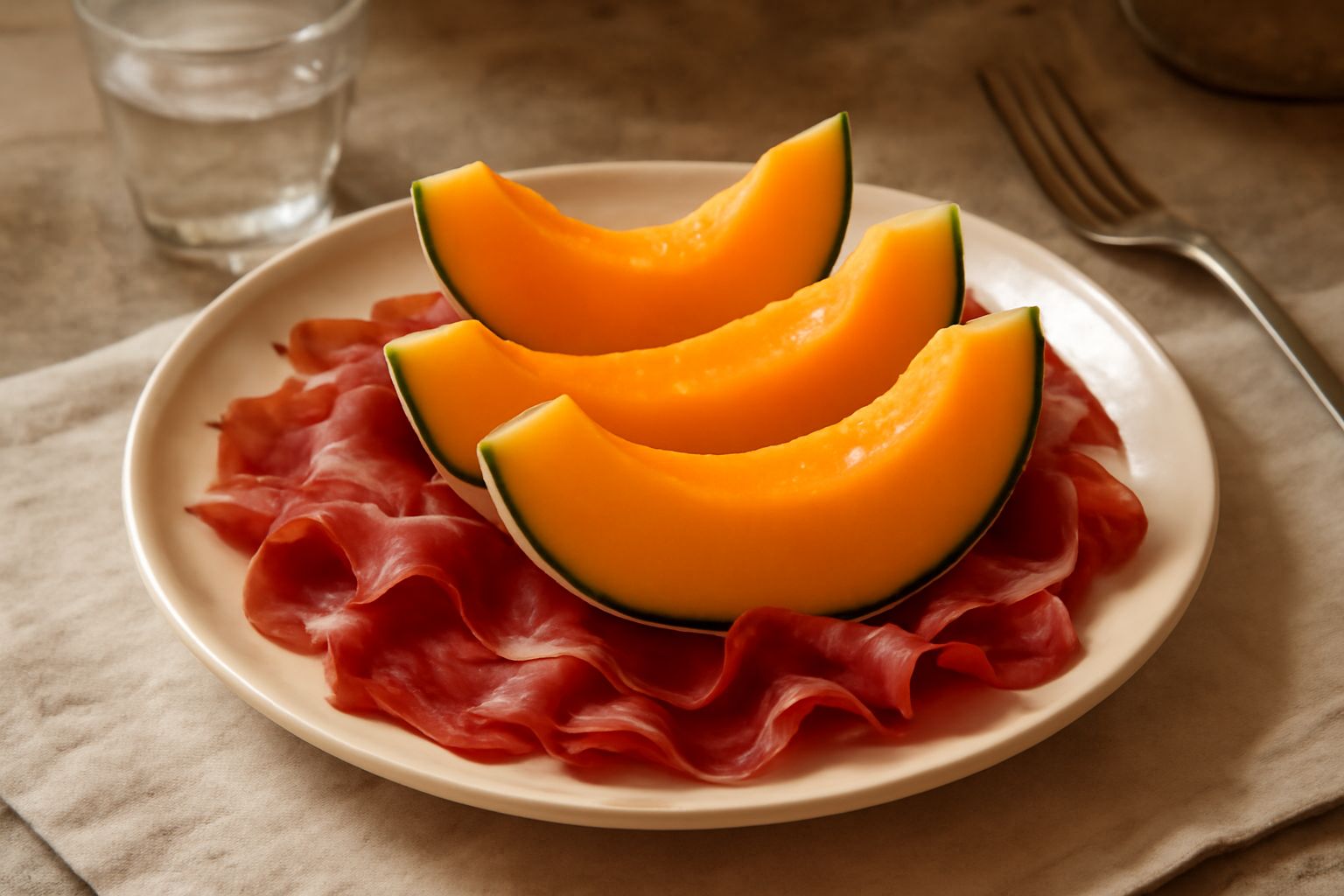 Piatto bianco con melone tagliato a spicchi di colore arancio dorato, adagiato su un letto di lamelle di speck affumicato di color rosso scuro, con gocce di condensa sul frutto maturo e bordi arriccia