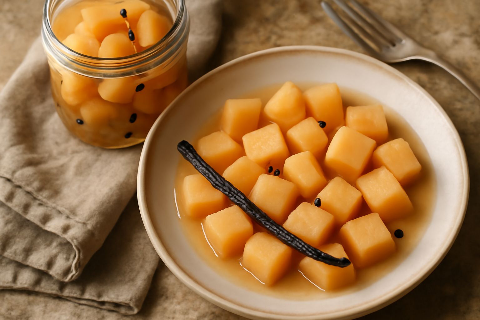 Barattolo di vetro con melone conservato in sciroppo trasparente, pezzetti color arancio chiaro visibili dentro il liquido, spezie scure galleggianti, etichetta bianca sul vetro lucido