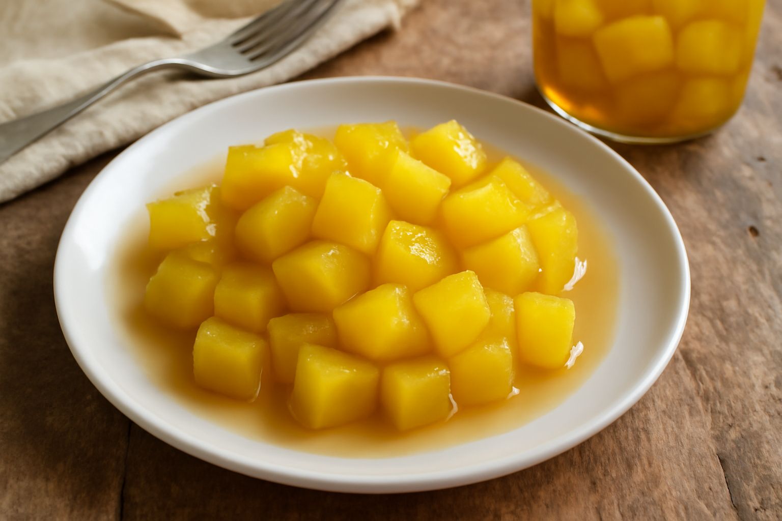 Melone a dadini trasparente in un barattolo di vetro con aceto trasparente, bucce verdi scuro intorno, allume di rocca bianco visibile, fette di melone giallo pallido ben distinte nella marinaata