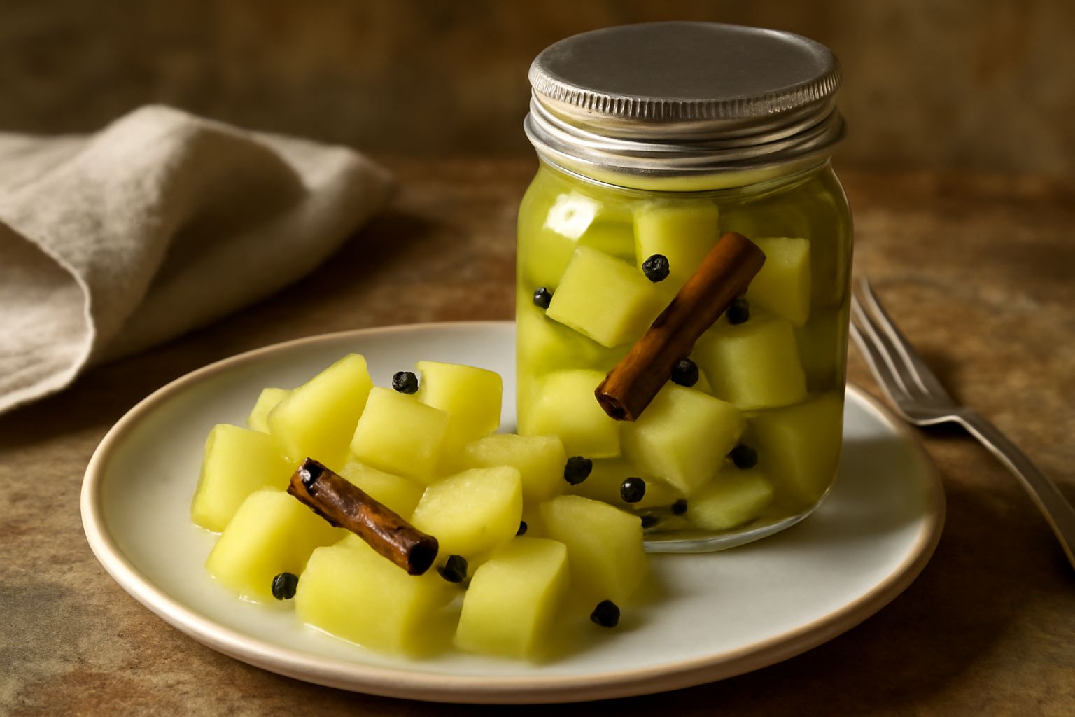 Vasetto di vetro con fette di melone color verde-giallo immerse in liquido trasparente con spezie visibili, melone intero sullo sfondo in legno naturale