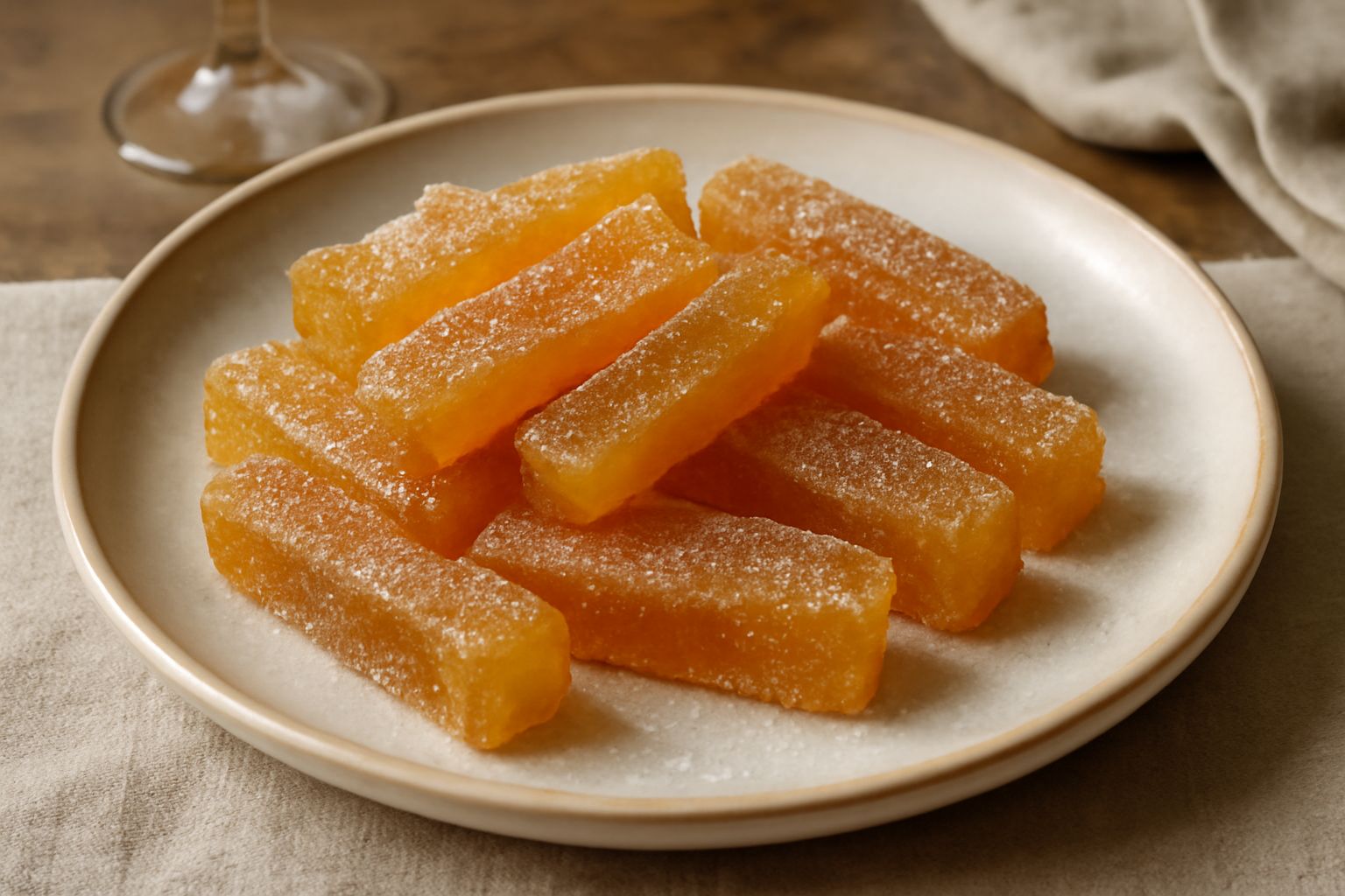 Dadi di melone di Altamura candito disposti su piatto bianco, ricoperti di cristalli di zucchero trasparente e scintillanti, con superficie dorata e lucida, sfondo grigio chiaro