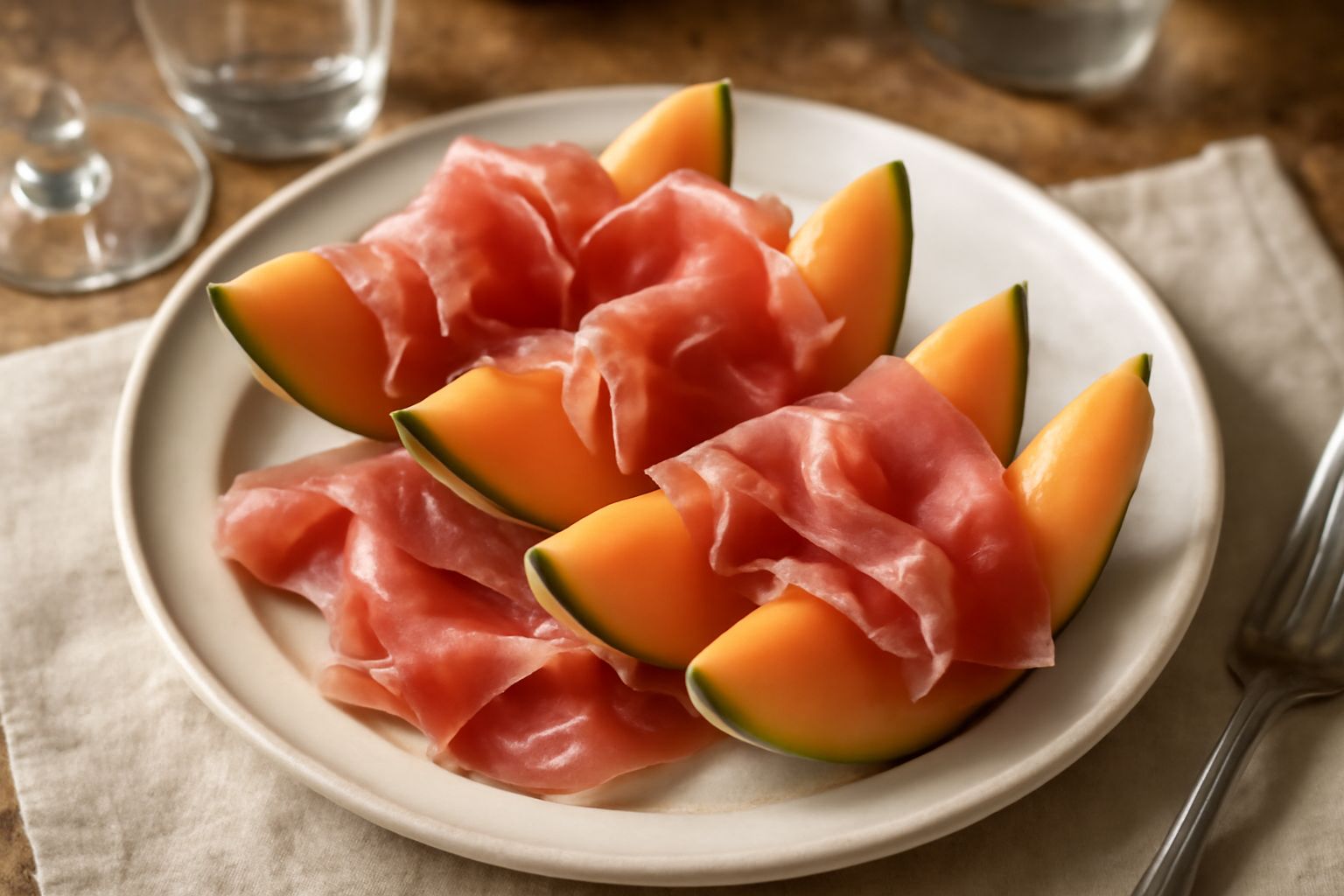 Fette di melone giallo tagliato a spicchi su un piatto bianco con strisce di prosciutto rosa arrotolate, sfondo neutro e luce naturale