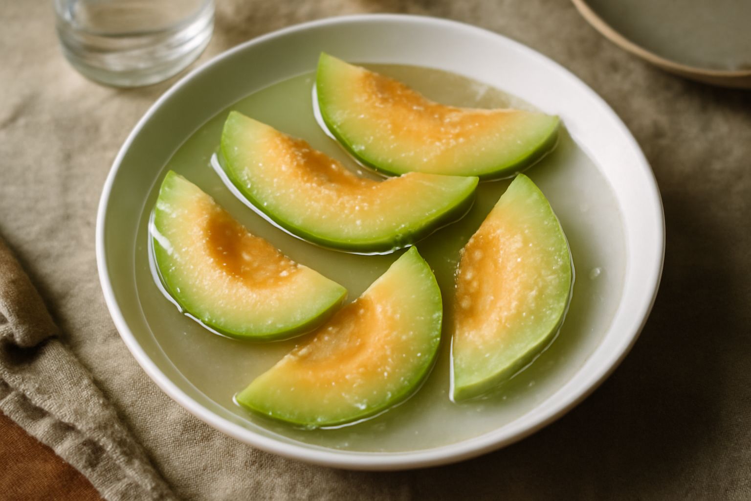 Melone giallo a spicchi servito in una ciotola di vetro trasparente con acqua fredda e cristalli di sale visibili, decorato con foglie di menta fresca e ghiaccio