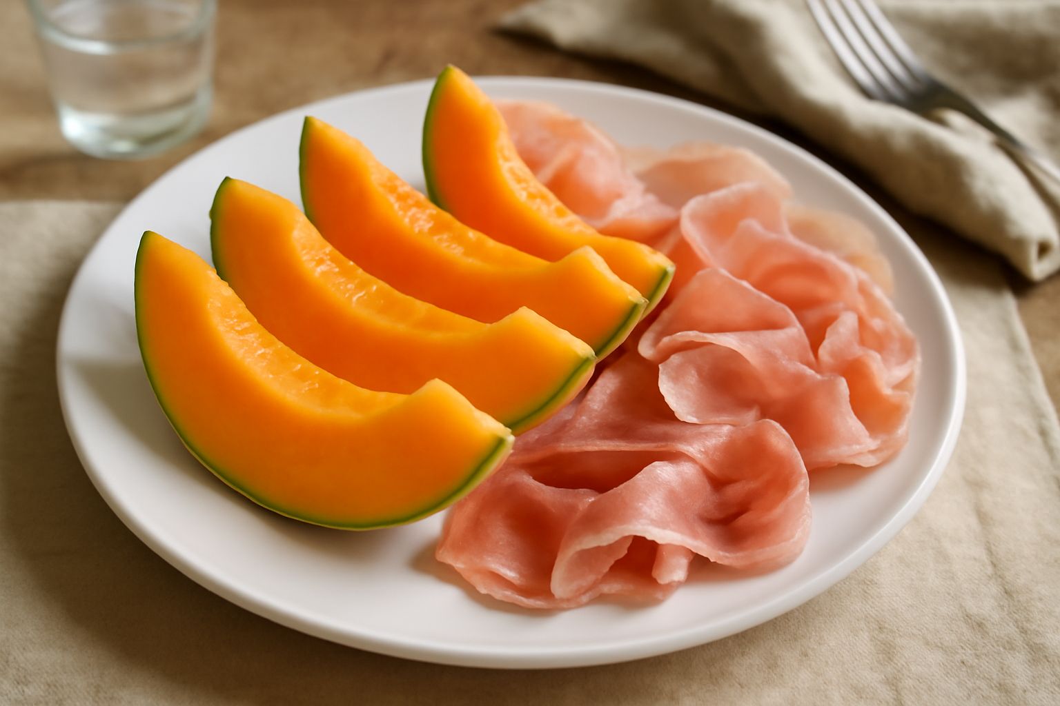 Piatto bianco con spicchi di melone color arancio-giallo affiancati da fettine sottili di prosciutto rosato. Melone disposto a ventaglio, prosciutto ondulato accanto. Sfondo neutro, luce naturale che 