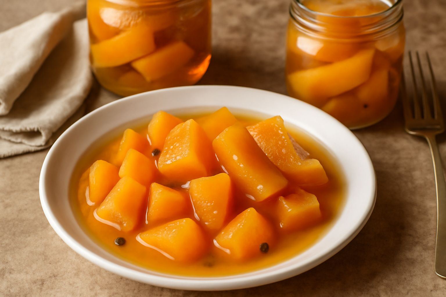 Barattoli di vetro con melone mantovano in sciroppo trasparente, cubetti di melone giallo-arancio visibili nel liquido dorato, spezie come stecche di cannella sullo sfondo, su un tavolo di legno con l
