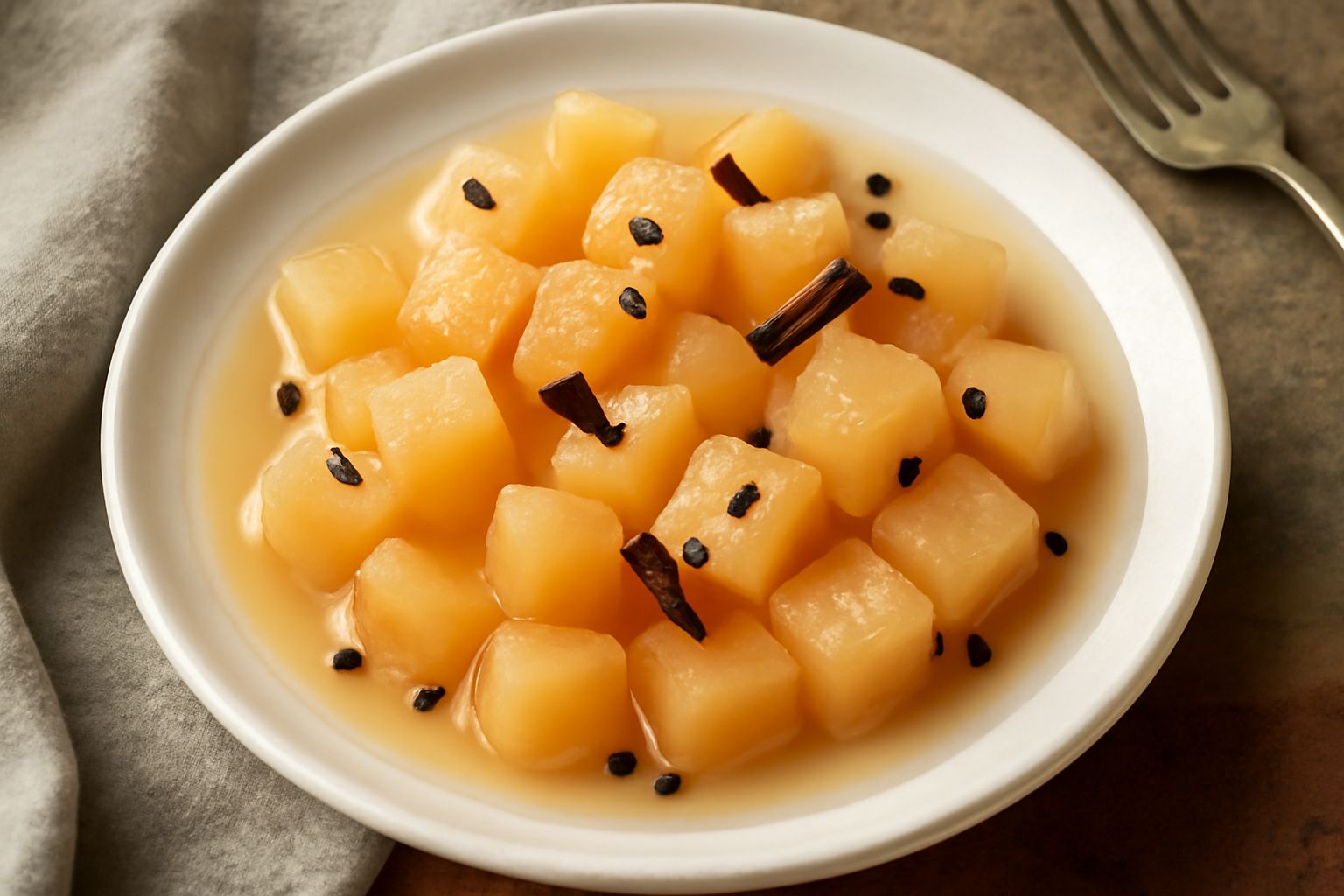 Vasetto di vetro trasparente con melone tagliato a cubetti di colore arancione pallido immerso in liquido trasparente con spezie scure sparse, accanto un melone intero tagliato a metà su tavolo di leg