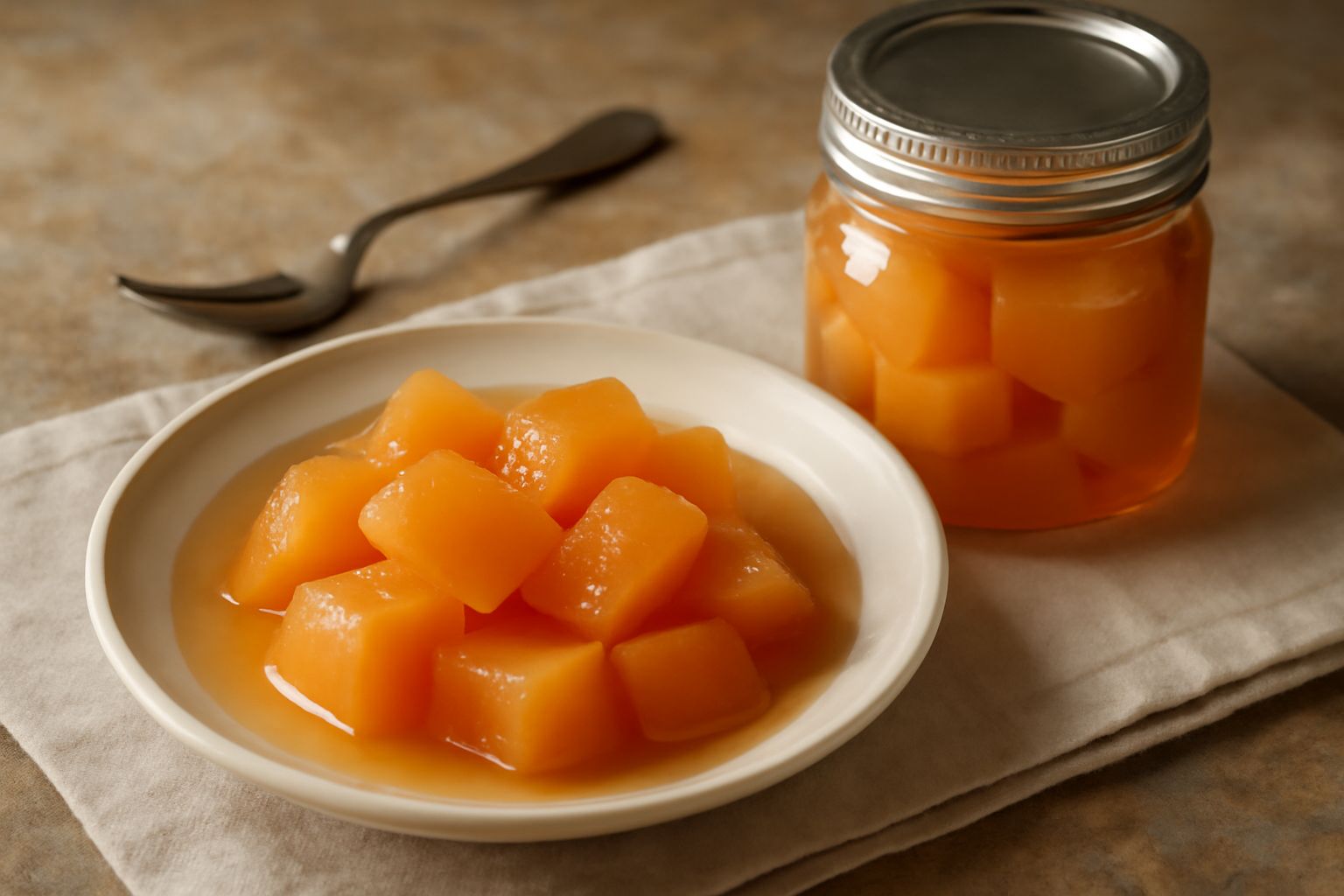 Barattolo di vetro con melone tagliato a dadini in sciroppo trasparente e dorato, melone fresco intero sullo sfondo, cucchiaio di legno appoggiato sul piano