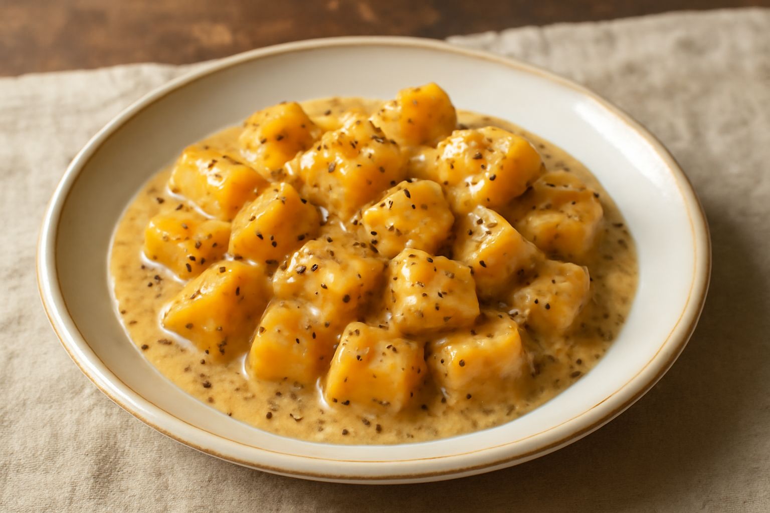 Barattolo di vetro con cubetti di melone giallo-arancio immersi in salsa beige di senape con granellini di senape in superficie, erbe aromatiche visibili, fondo bianco