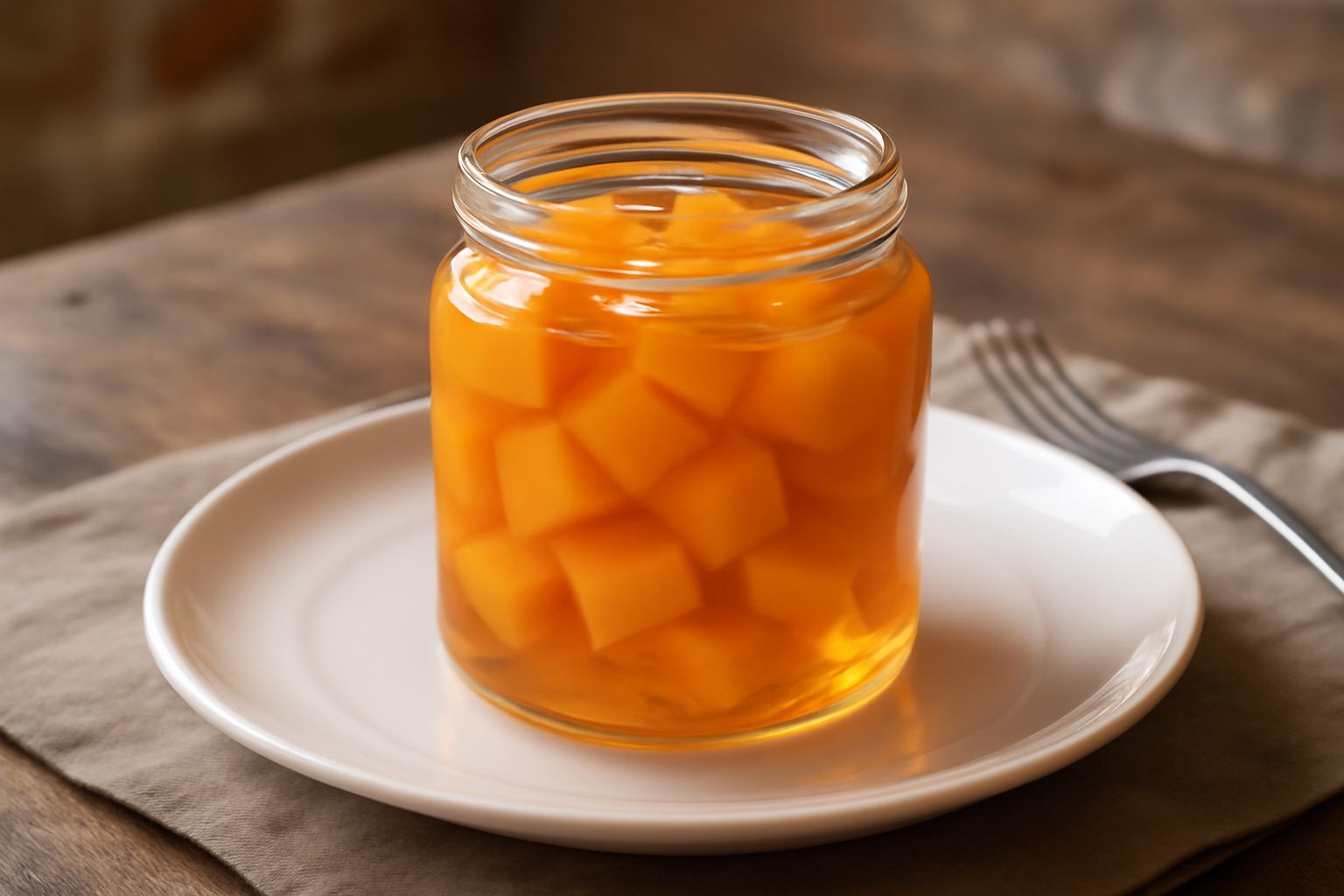 Barattolo di vetro con pezzi di melone giallo-arancio immersi in sciroppo trasparente, chiuso con tappo di metallo, su fondo bianco con qualche cubetto di melone fresco accanto