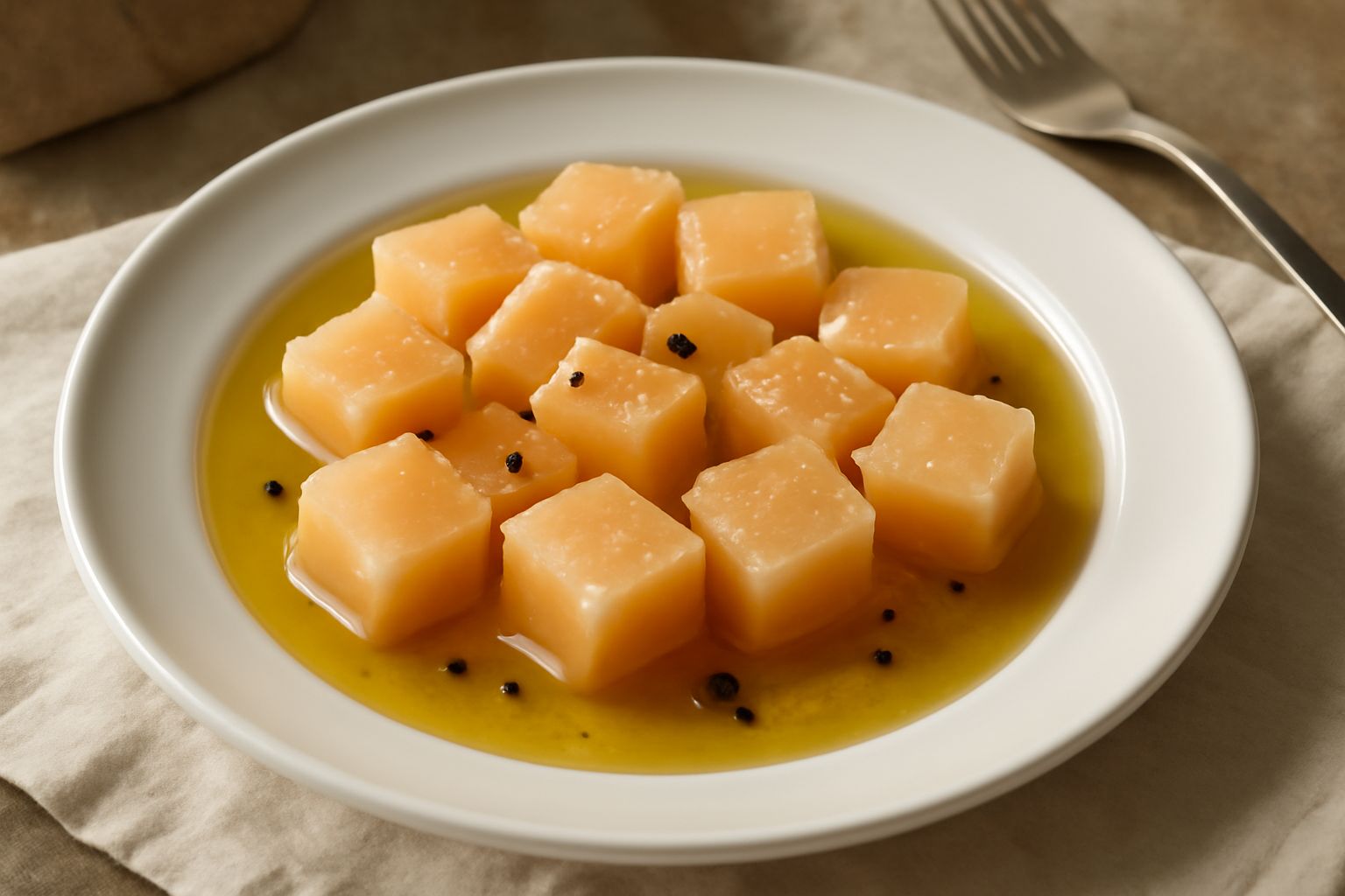 Melone tagliato in cubetti uniformi di colore arancione chiaro, immerso in olio trasparente dentro un vasetto di vetro, con qualche granello di zucchero e scaglie di pepe nero visibili.