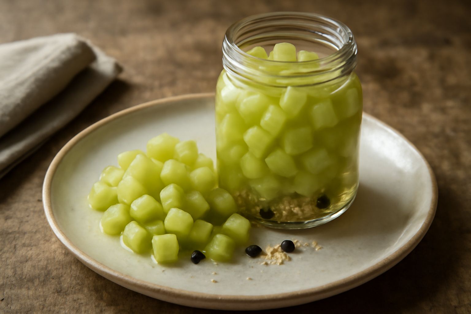 Barattolo di vetro con meloni sott'aceto di colore verde chiaro immersi in liquido trasparente, visibili semi bianchi, spezie scure sul fondo, capsula dorata, sfondo neutro