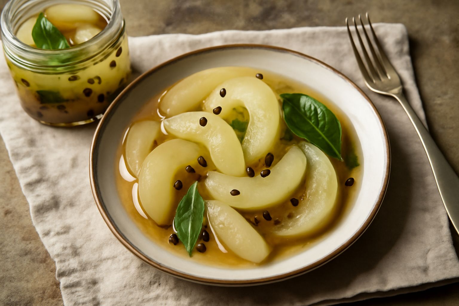 Vasetto di vetro trasparente pieno di fette di melone verde pallido, immerse in liquido limpido e leggermente ambrato, con visibili semi di mostarda e chicchi di pepe neri, su fondo bianco