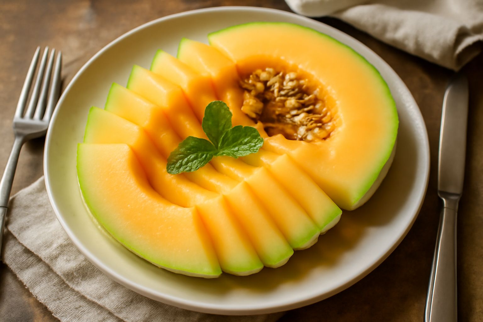 Fette di melone giallo e arancione disposte a ventaglio su un piatto bianco, con semi visibili e gocce d'acqua, contorno di menta fresca verde, sfondo neutro