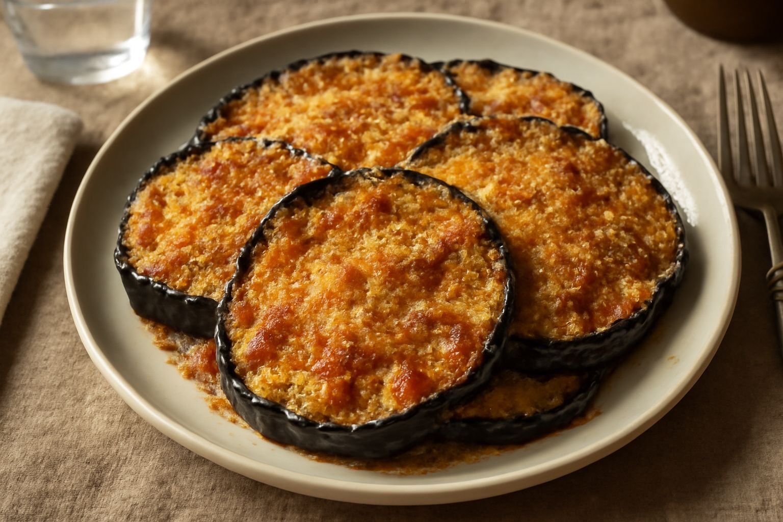 Piatto di melù al forno: fette di melanzana scure e morbide coperte da uno strato croccante dorato di formaggio e pangrattato, servite tiepide in un piatto bianco