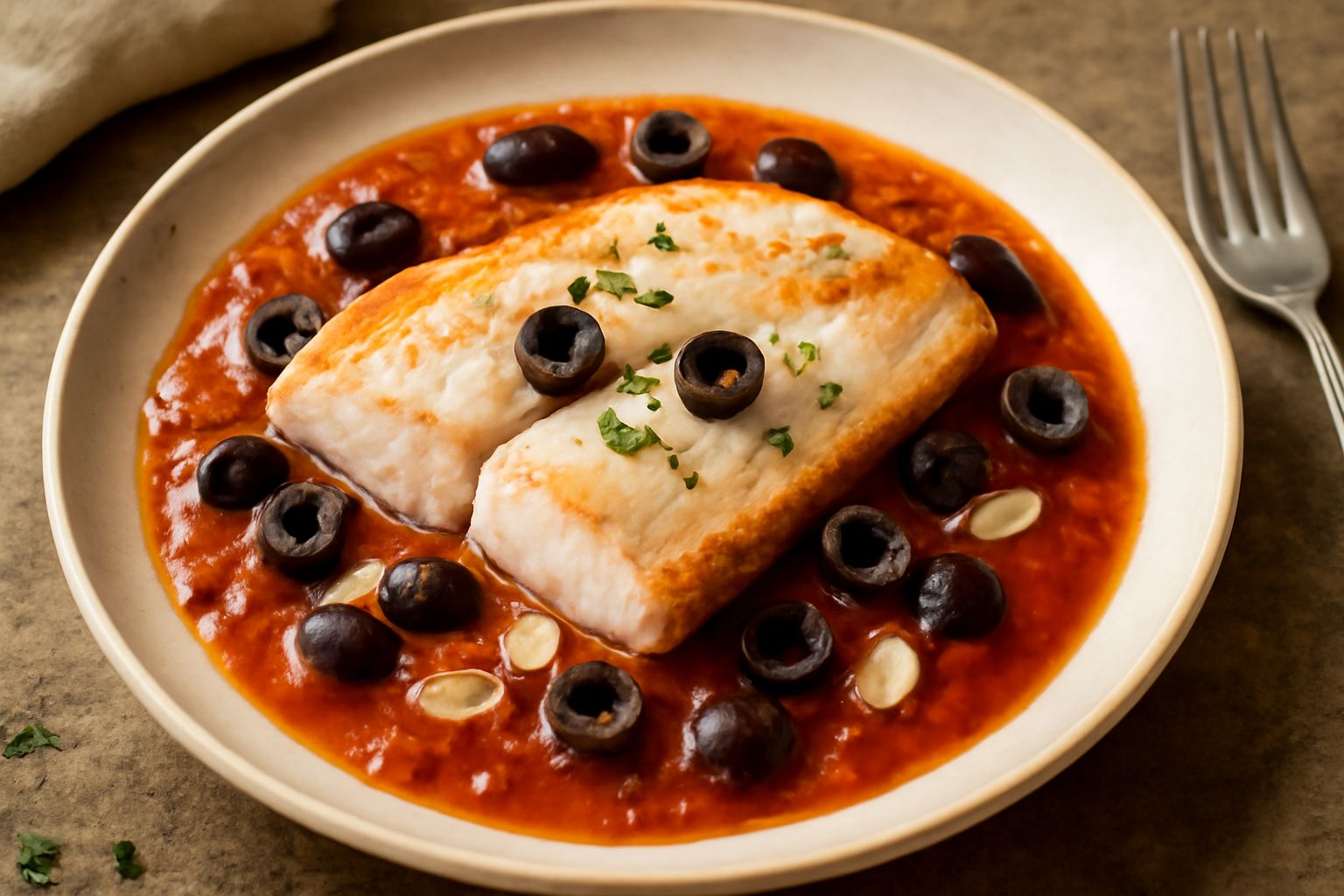 Filetti di melù bianco-rosati in padella con salsa rossa di pomodori, olive nere, aglio affettato e origano fresco, su sfondo di cucina domestica