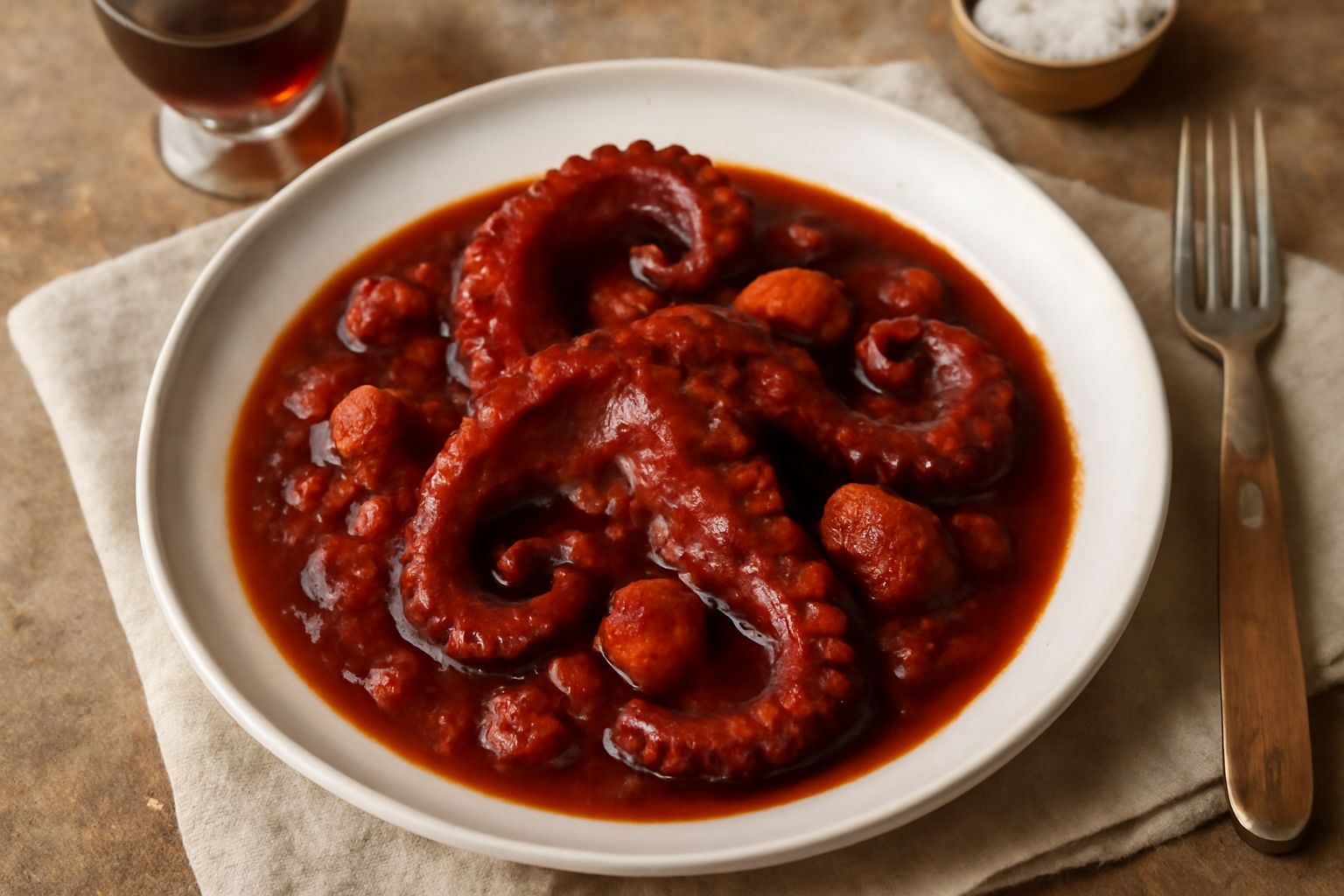Polpo rosso scuro in umido dentro una pentola di coccio con vino Merlot, pomodori rossi e prezzemolo verde, vapore che sale dalla superficie lucida