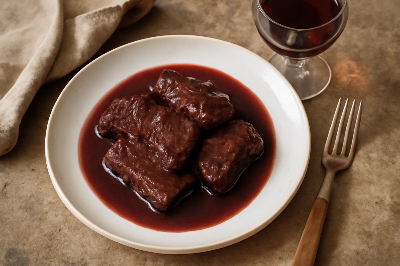 Bicchiere di Merlot rosso friulano accanto a una pentola con braisato di manzo e verdure, tavolo di legno chiaro
