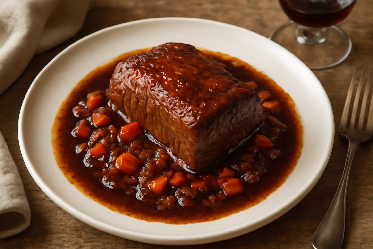 Filetto brasato in fetta spessa su piatto bianco con sugo denso color marrone scuro, contorno di carote e sedano cotti, guarnizione di prezzemolo fresco, bicchiere di Merlot sullo sfondo