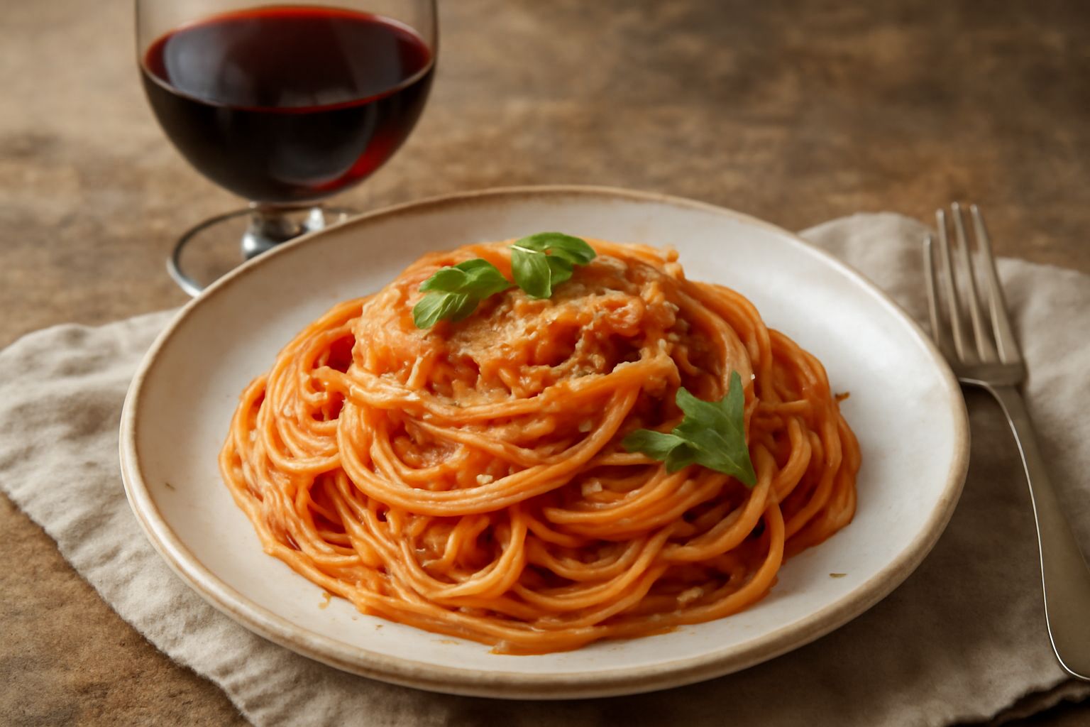 Bicchiere di vino rosso Merlot Marchigiano con riflessi granati, accanto a una porzione di brasato in umido con erbe aromatiche, piatto in ceramica bianca su tavolo di legno