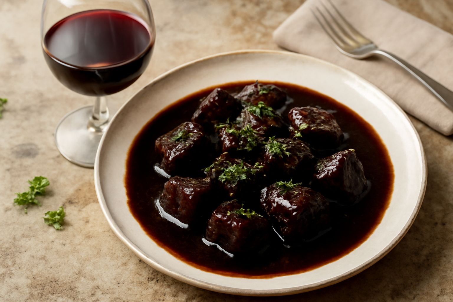 Bicchiere di Merlot Toscano rosso rubino con riflessi granato, calice su tavolo di legno scuro con sfondo di una bottiglia, accanto tagliere con carne brasata e erbe aromatiche
