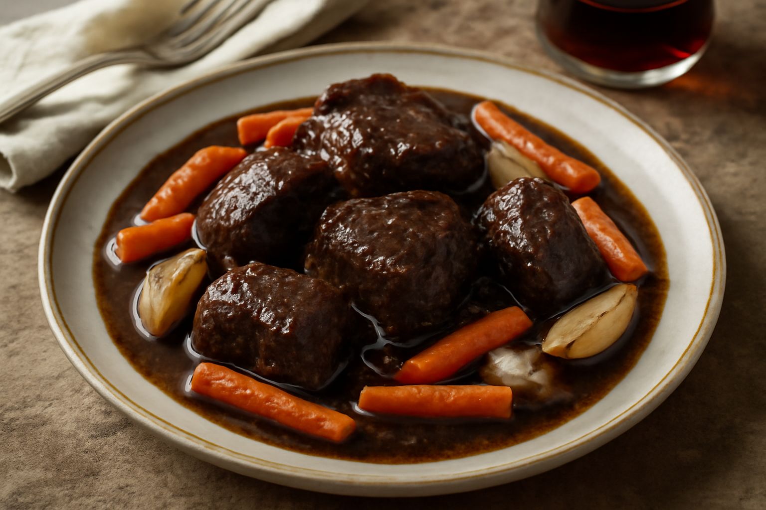 Brasato al Merlot Veneto in pentola di coccio, colore marrone scuro tendente al nero, carne a pezzi grossi, salsa densa lucida, contorno di carote e cipolle caramellate, vapore che esce dalla pentola,