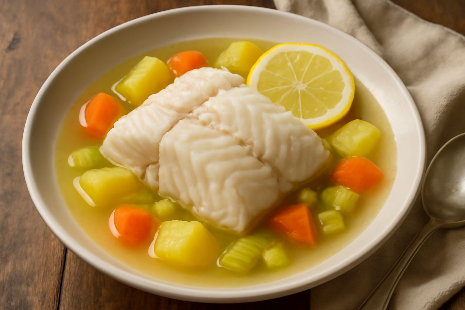Fetta di merluzzo bollito bianco e compatto nel piatto, contornato da brodo trasparente, fette di limone giallo e prezzemolo verde fresco sparso in superficie