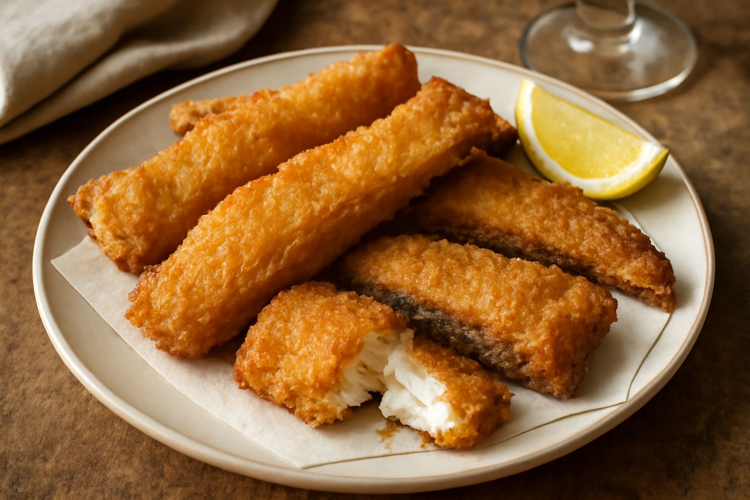 Merluzzi fritti dorati e croccanti in un piatto bianco, con fettine di limone fresco, panatura color oro su pesce bianco, contorno di insalata verde scura sullo sfondo