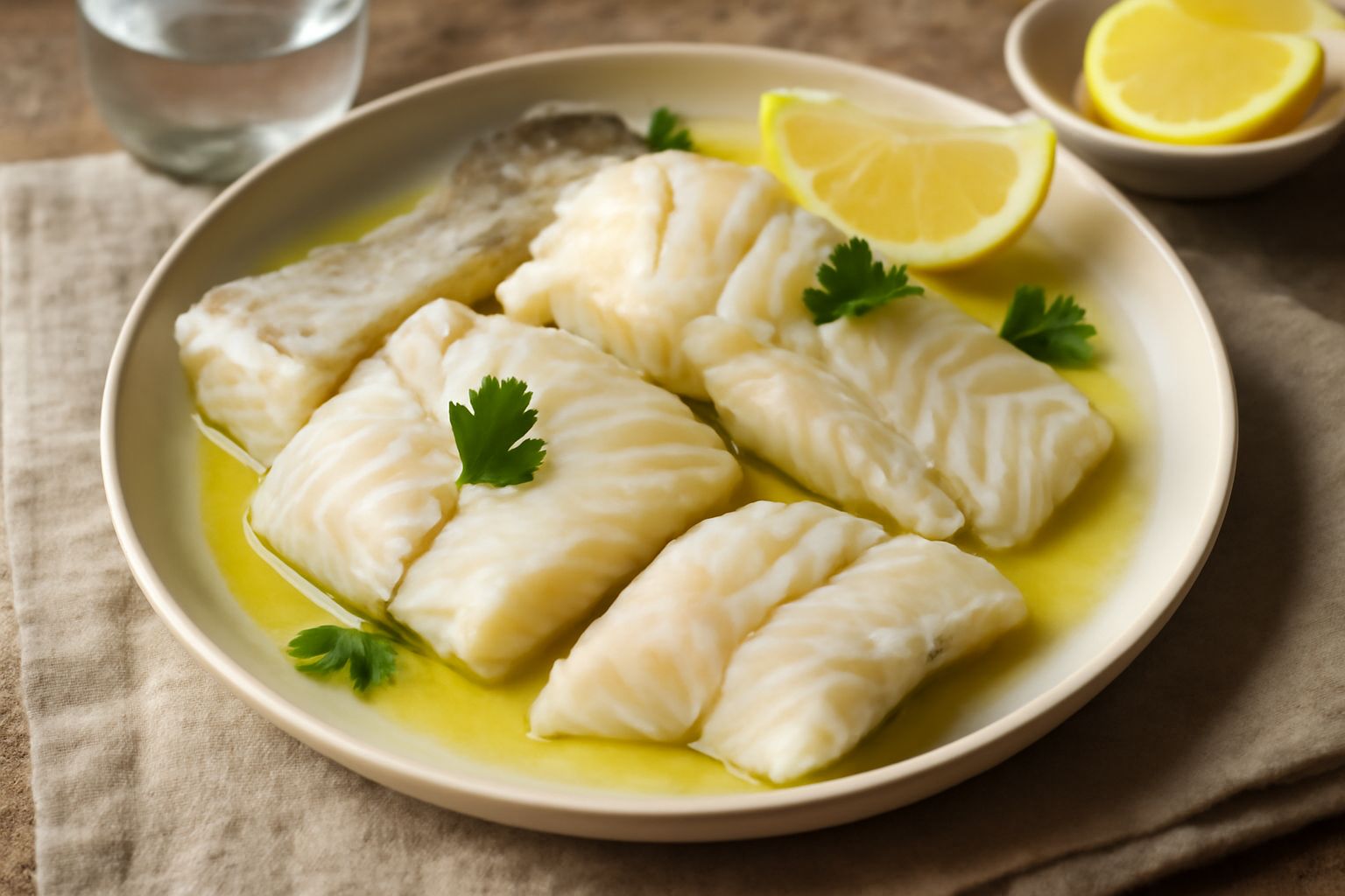 Merluzzo salato appena dissalato, di colore bianco avorio, disposto su un piatto bianco con limone fresco tagliato a spicchi, persino di prezzemolo verde e olio d'oliva in un piccolo catino accanto