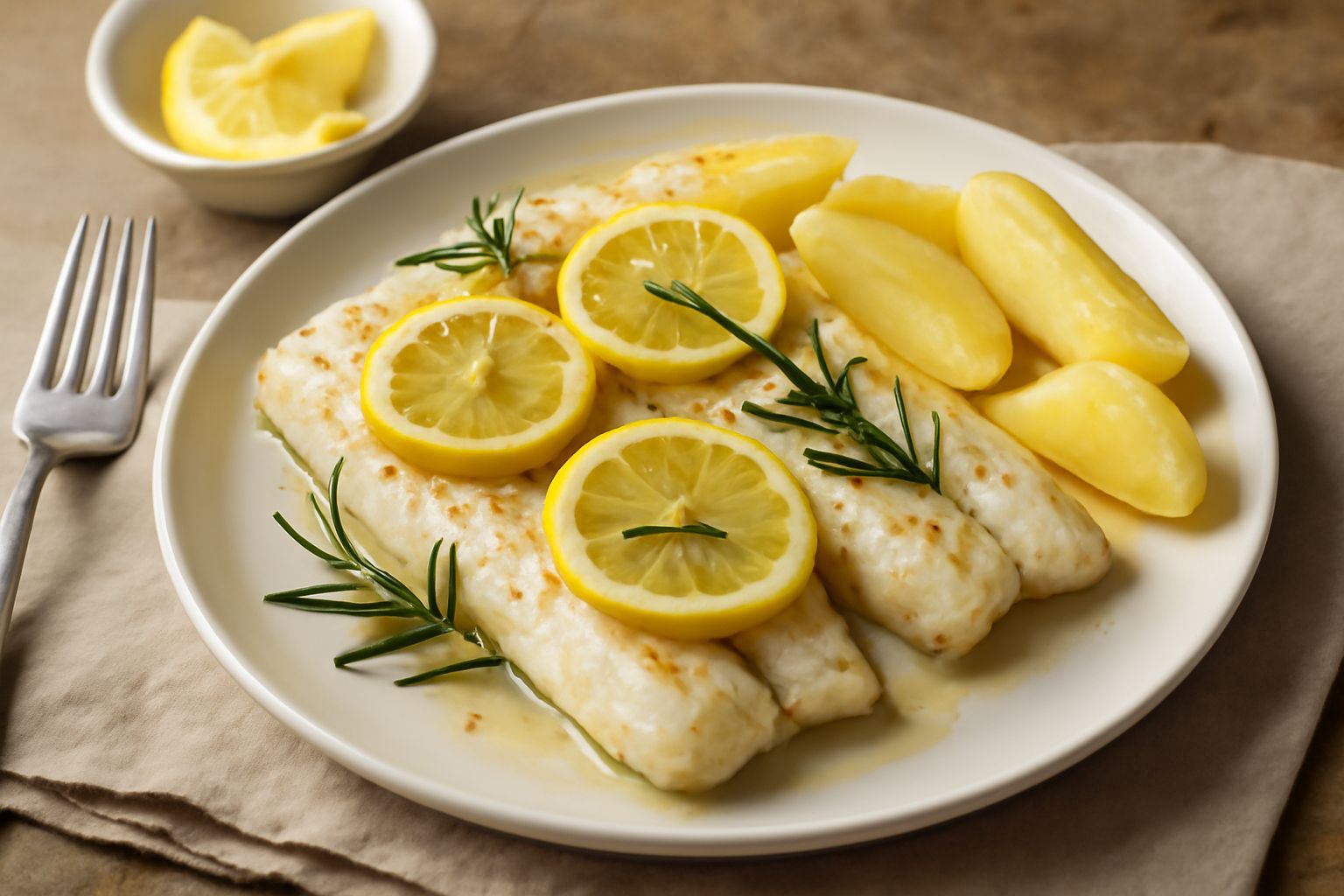 Filetti di merluzzo al forno dorati e morbidi, guarniti con fettine di limone fresco e rametti di rosmarino, su un piatto bianco con contorno di verdure grigliate e limone tagliato